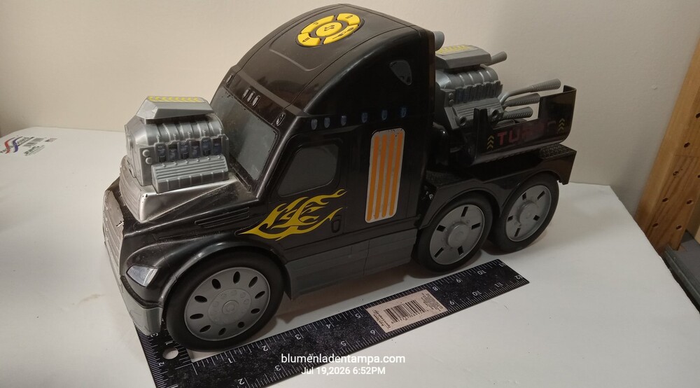 Kid Galaxy Motorized Toy Semi Truck Black with Flames Lights & Sound 12"